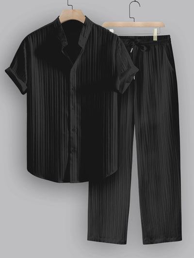 Striped Stand Collar Short Sleeve Shirt and Trousers Co-Ords