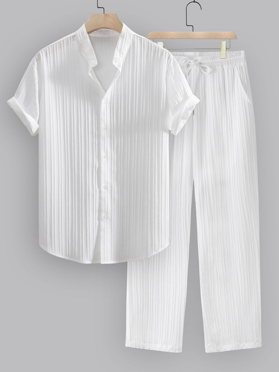 Striped Stand Collar Short Sleeve Shirt and Trousers Co-Ords